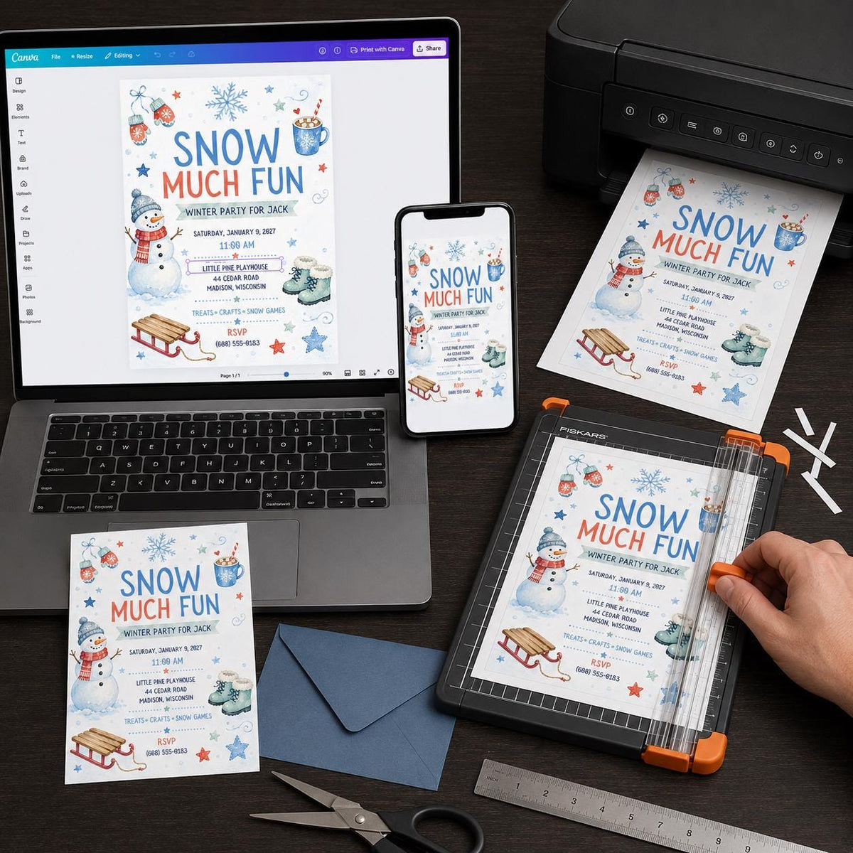 Snowman Snowy Ski Birthday Winter Party Invitation — digital invitation, instant download