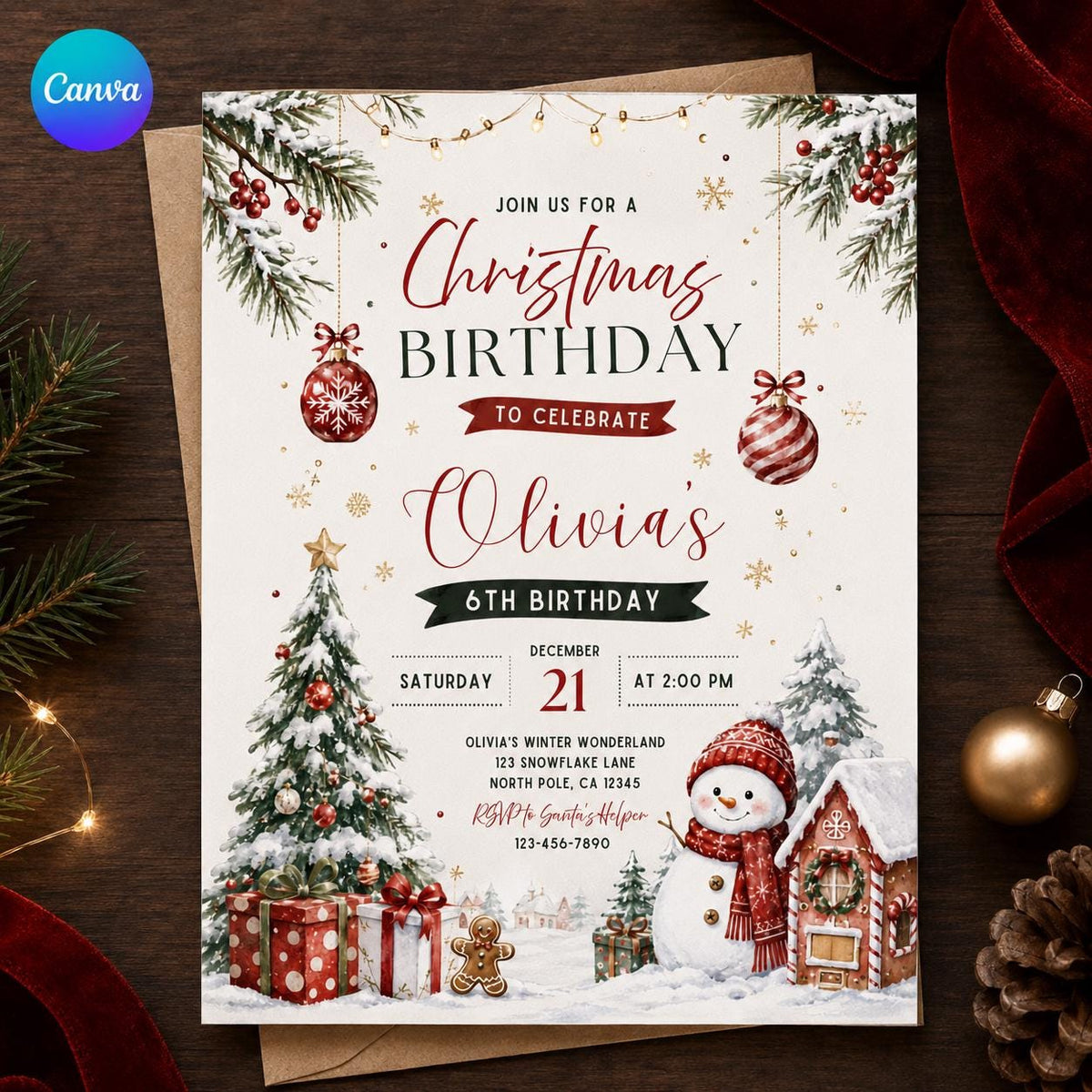 Snowman Winter Wonderland 6th Birthday Invitation — editable Canva template