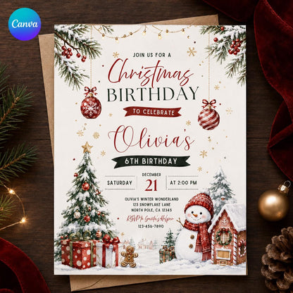 Snowman Winter Wonderland 6th Birthday Invitation — editable Canva template
