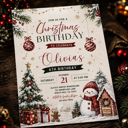Snowman Winter Wonderland 6th Birthday Invitation — digital invitation, instant download