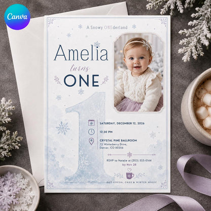 Snowy Onederland First Birthday Photo Invitation — editable Canva template