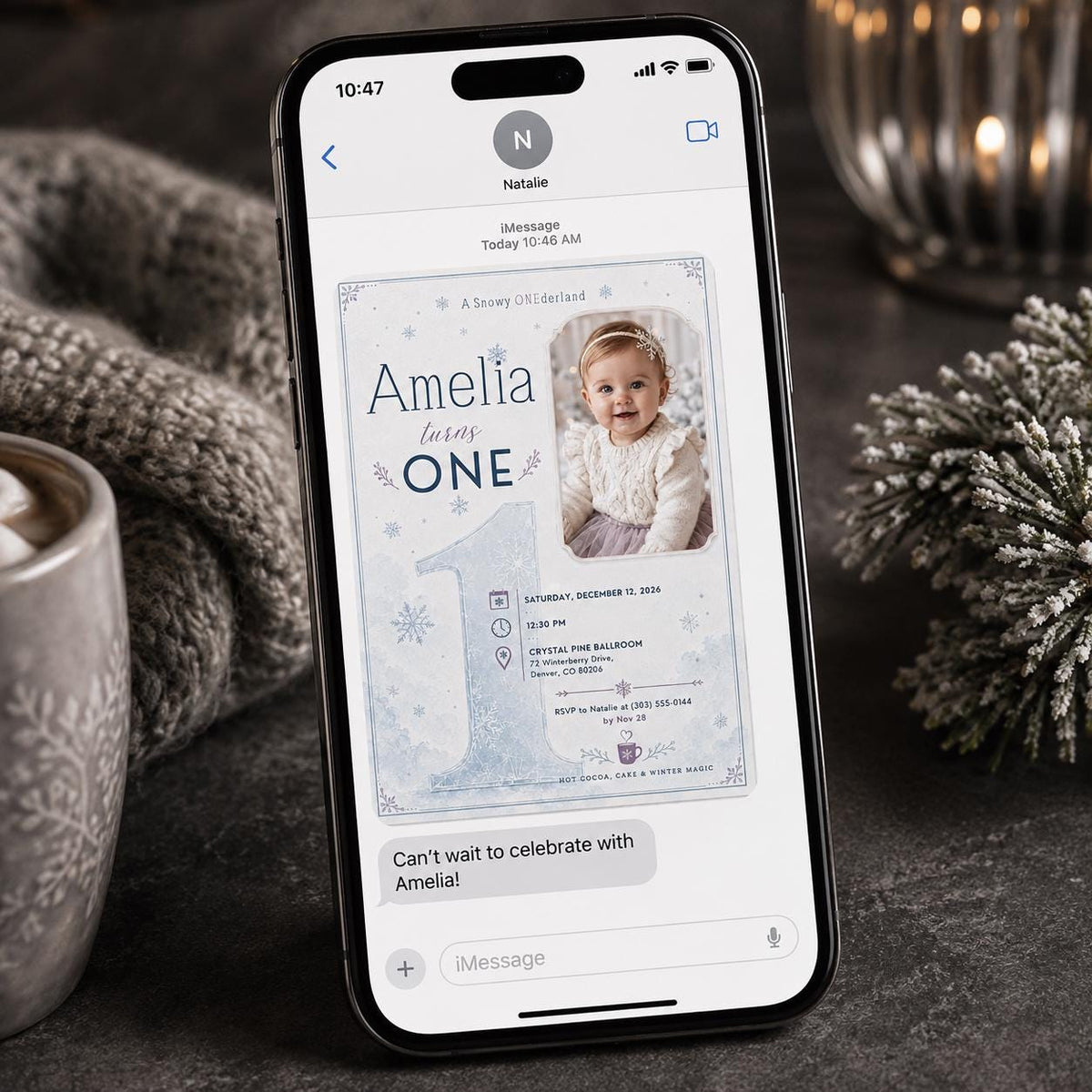 Snowy Onederland First Birthday Photo Invitation in blue and gray
