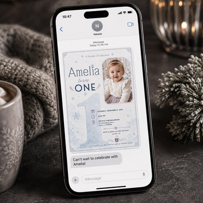 Snowy Onederland First Birthday Photo Invitation in blue and gray