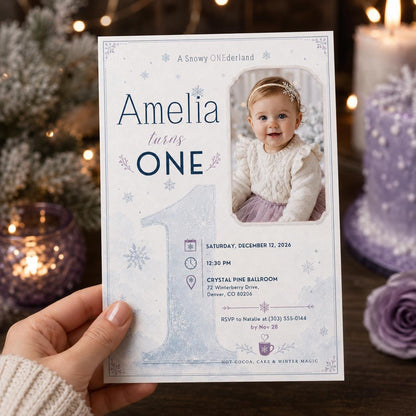 Snowy Onederland First Birthday Photo Invitation — invitation you personalize in Canva