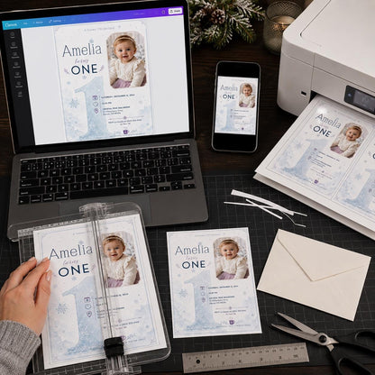 Snowy Onederland First Birthday Photo Invitation — print-ready first birthday design from VoltBy