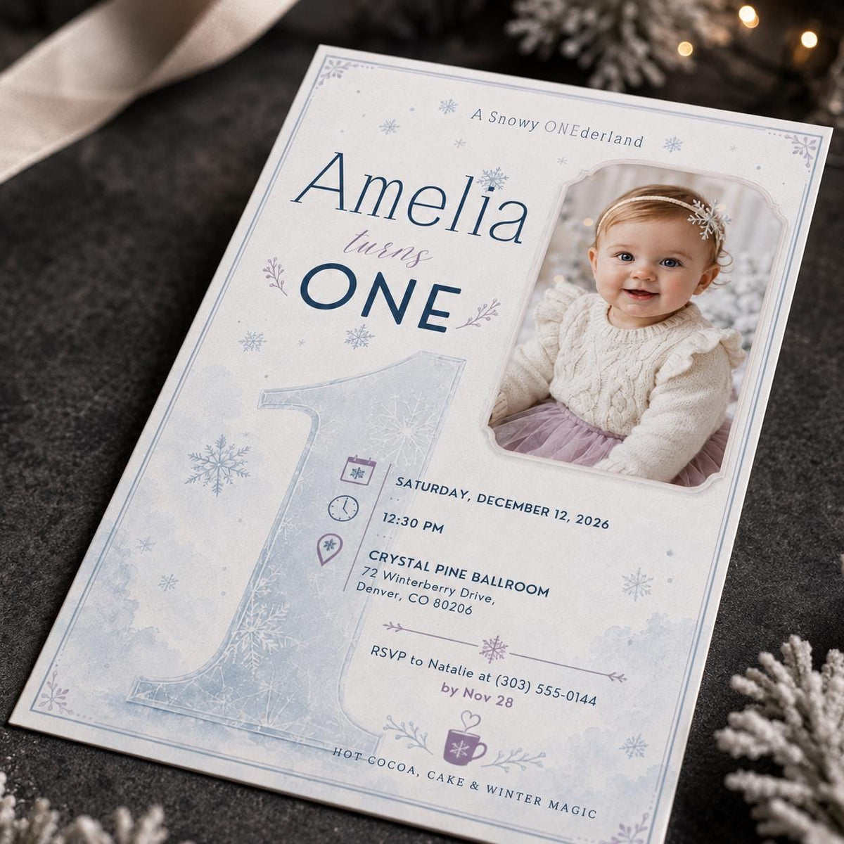 Snowy Onederland First Birthday Photo Invitation — digital invitation, instant download
