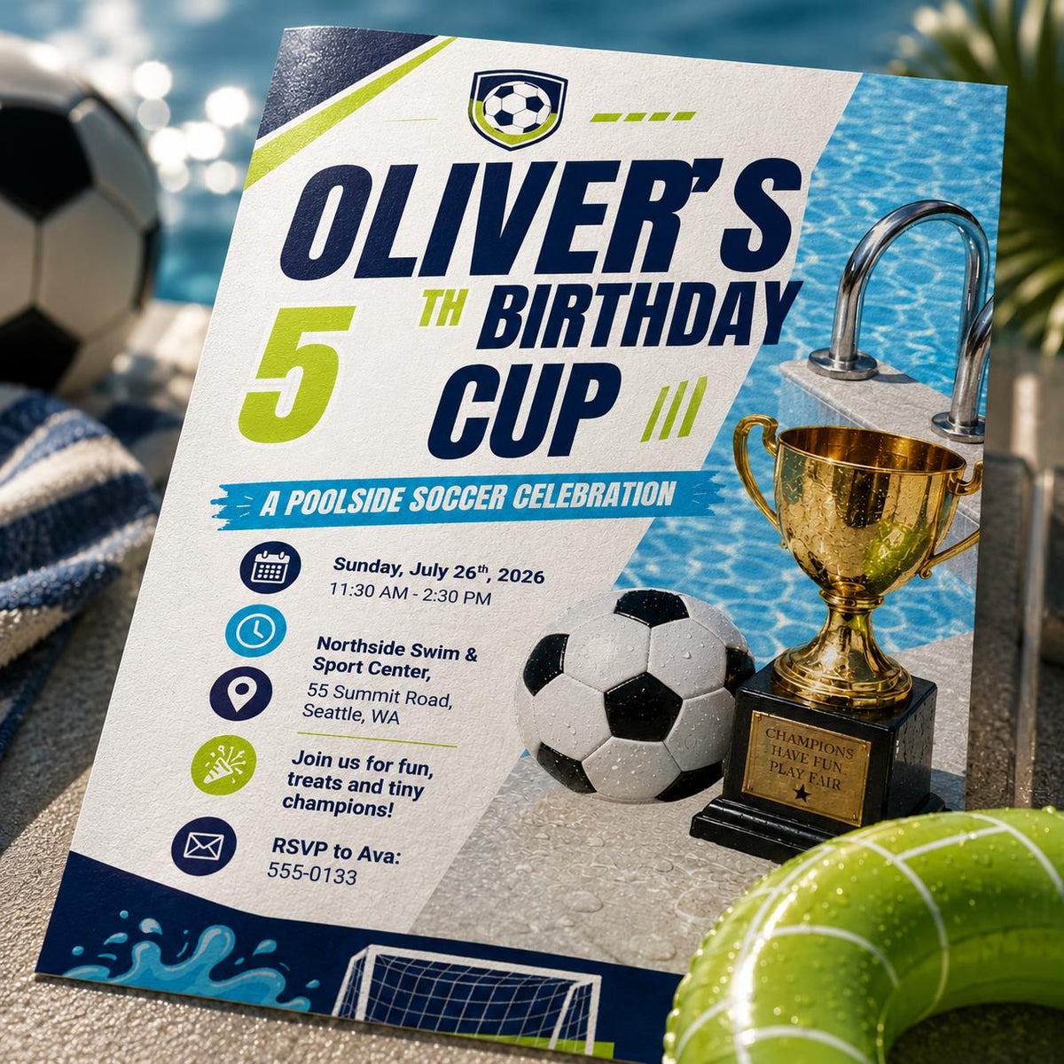 Soccer 5th Birthday Cup Invitation for Boys — pool design