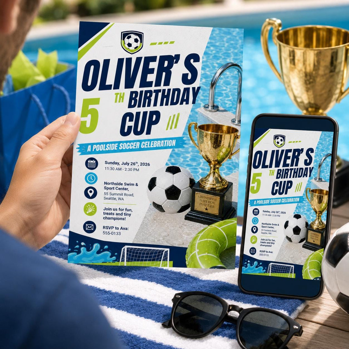 Soccer 5th Birthday Cup Invitation for Boys — invitation you personalize in Canva