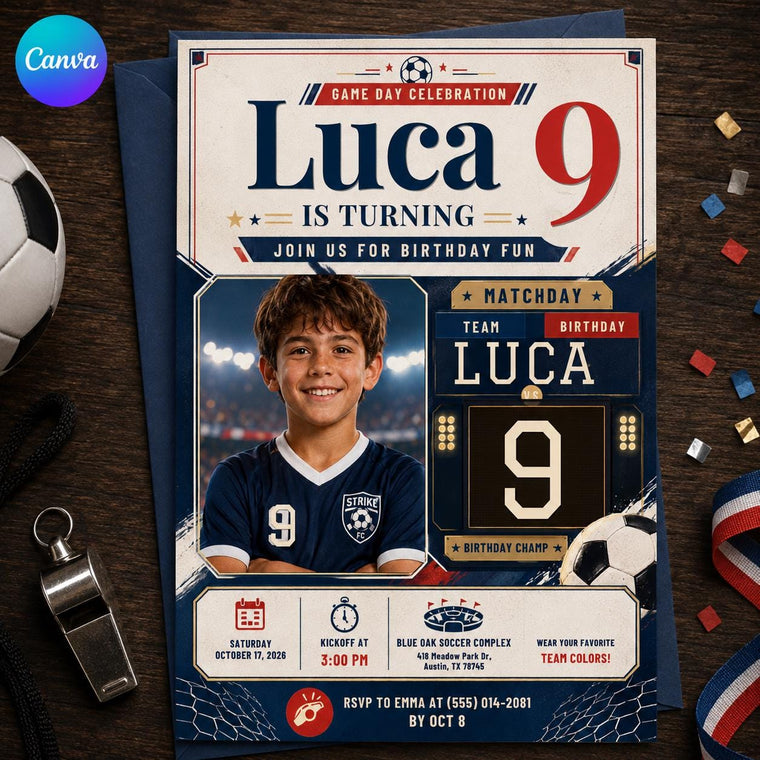 Soccer 9th Birthday Invitation with Photo for Boys