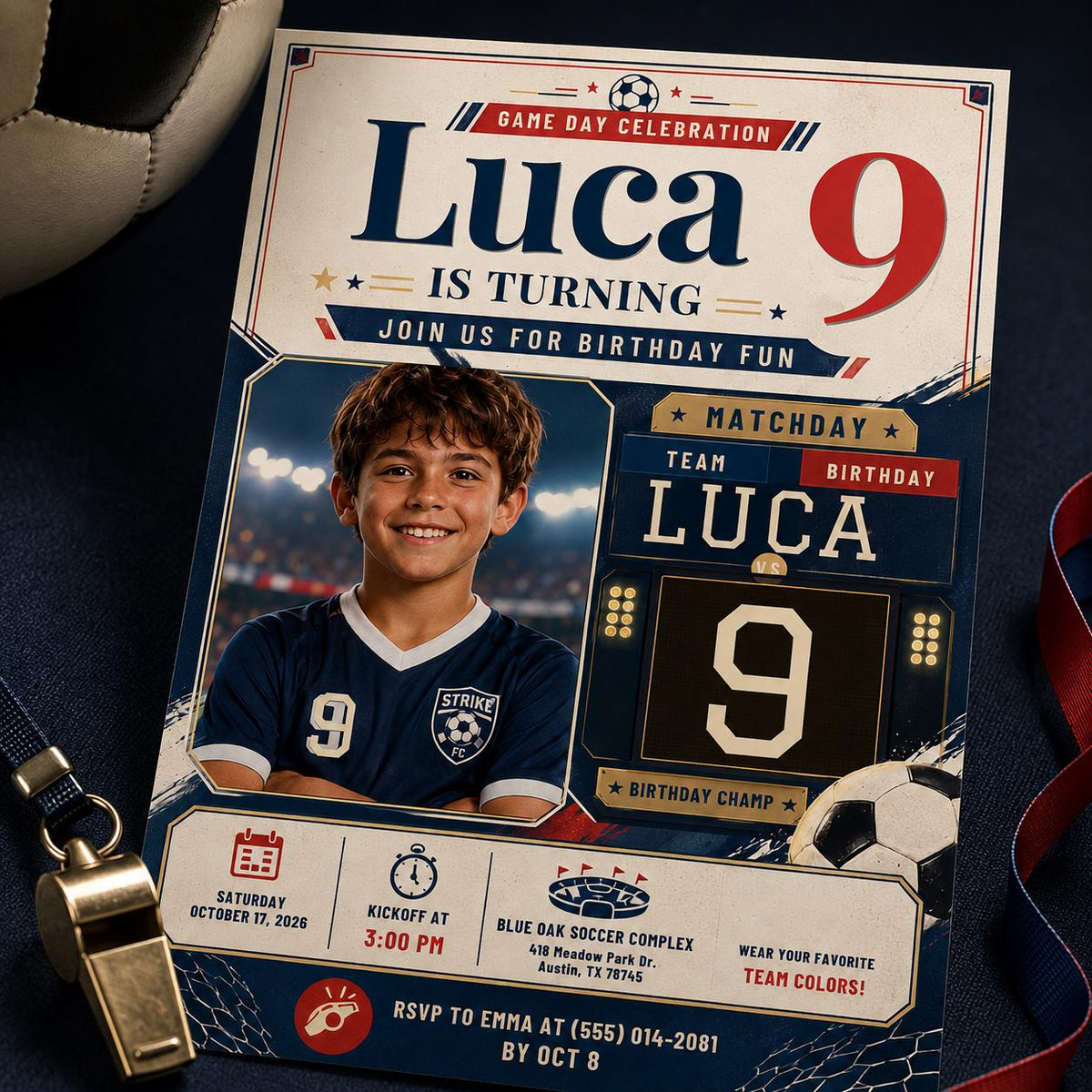 Soccer 9th Birthday Invitation with Photo for Boys — invitation you personalize in Canva