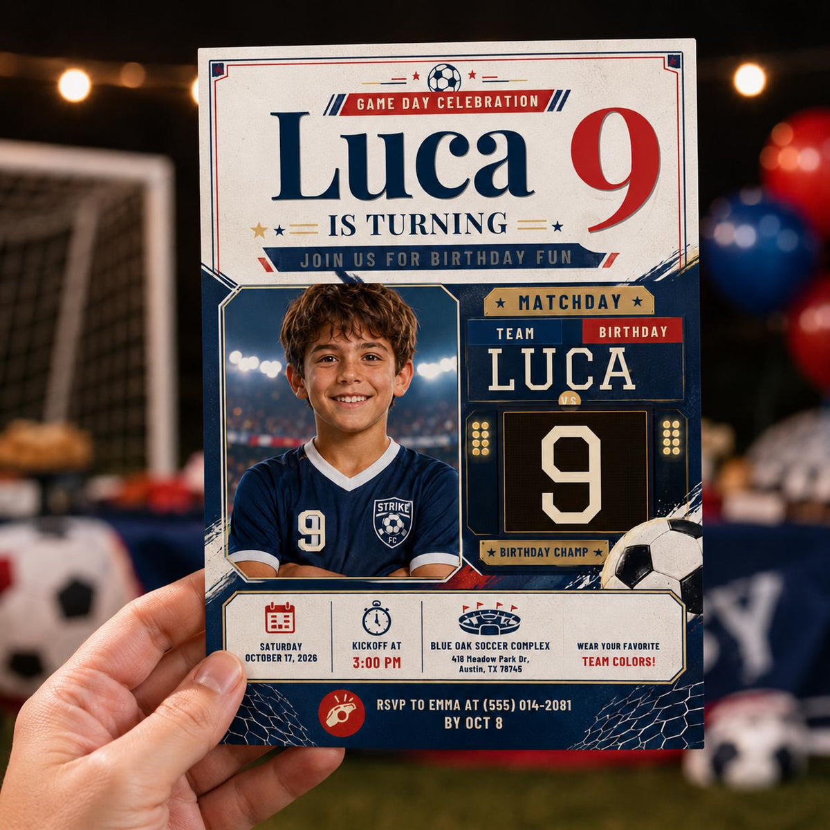 Soccer 9th Birthday Invitation with Photo for Boys — digital invitation, instant download