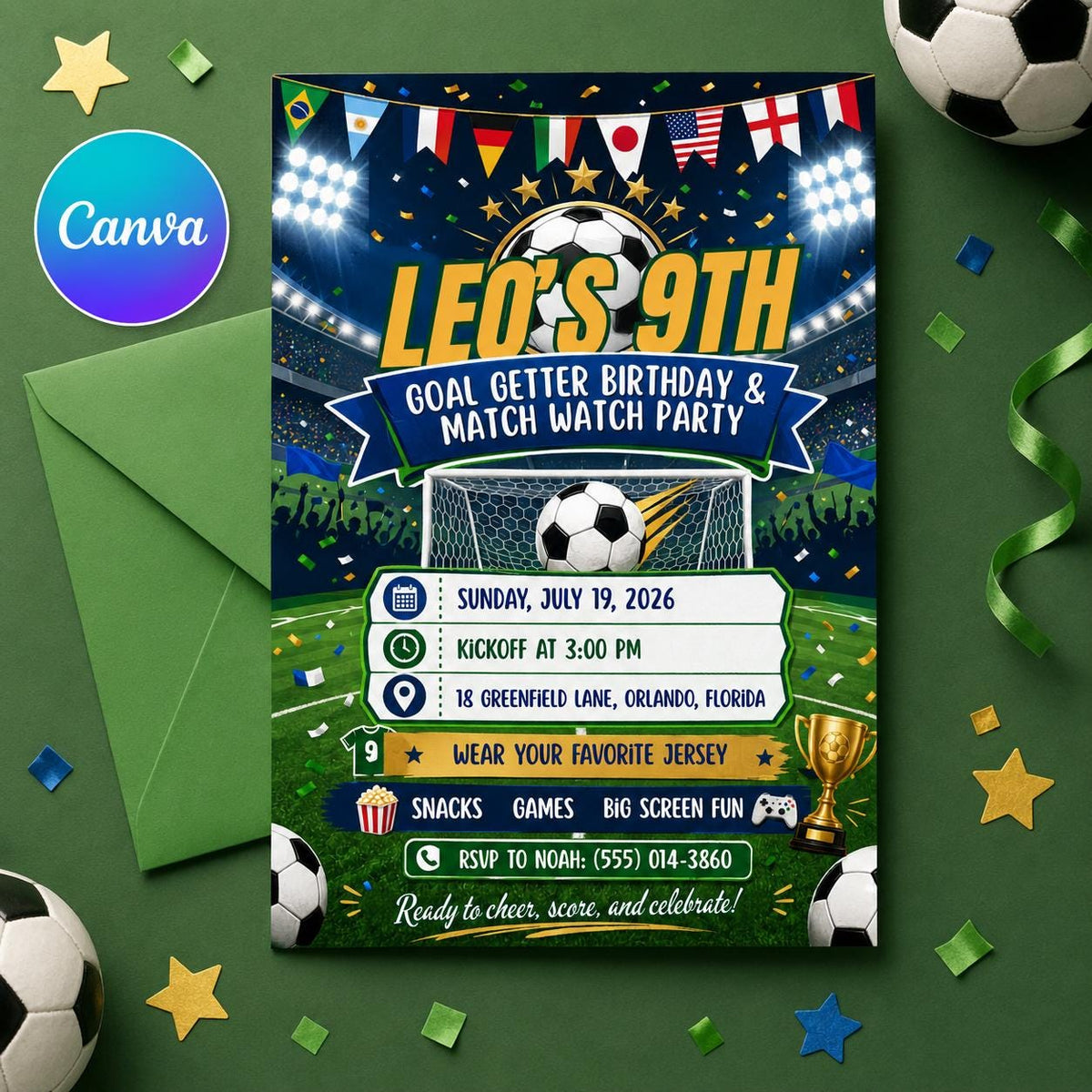 Soccer Birthday Invitation: Football Match Watch Party — editable Canva template
