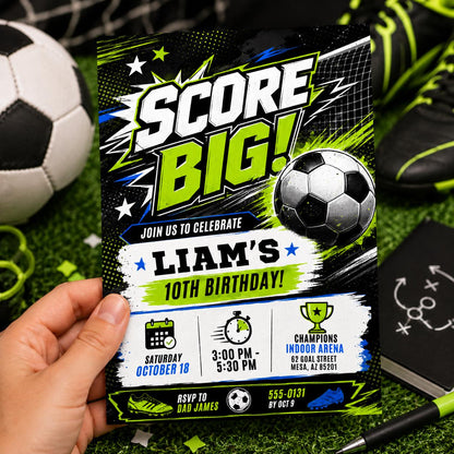 Soccer Birthday Invitation: Score Big Soccer Birthday. Let's Kick it Soccer — invitation you personalize in Canva