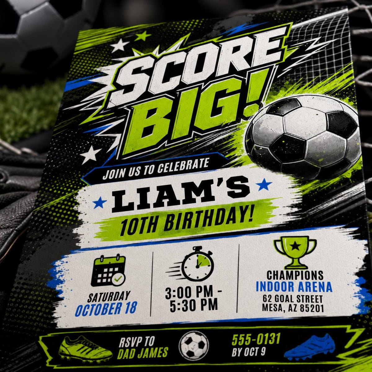 Soccer Birthday Invitation: Score Big Soccer Birthday. Let's Kick it Soccer — print-ready birthday party design from VoltBy