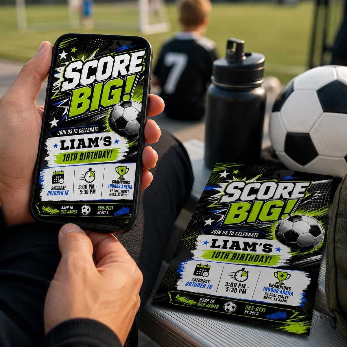 Soccer Birthday Invitation: Score Big Soccer Birthday. Let's Kick it Soccer — digital invitation, instant download