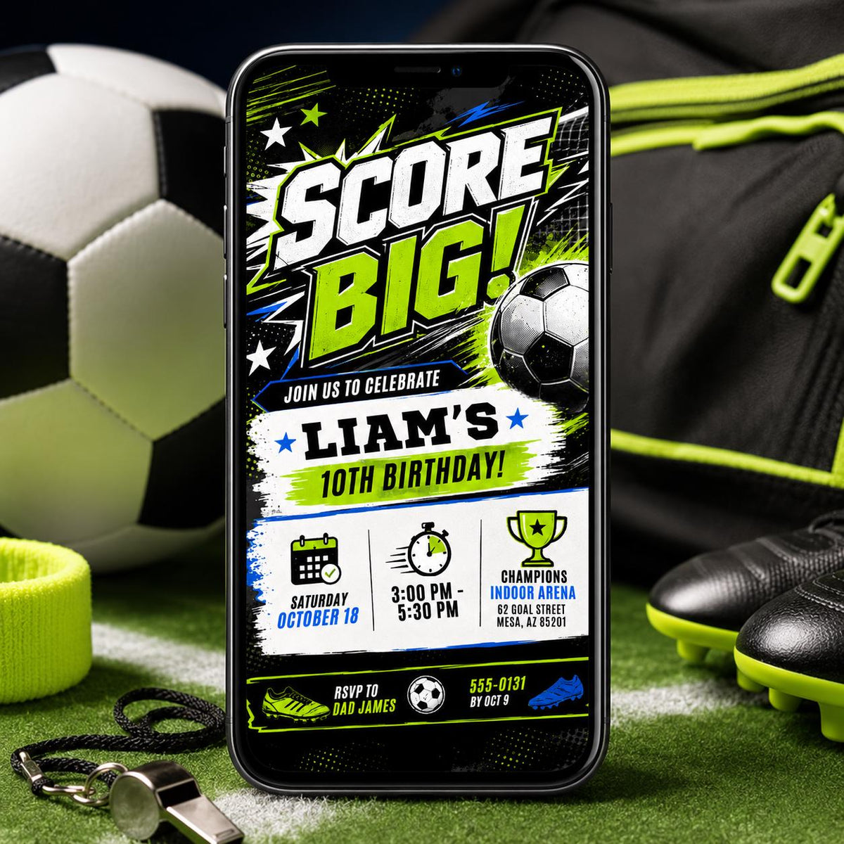 Soccer Birthday Invitation: Score Big Soccer Birthday. Let's Kick it Soccer — birthday party stationery by VoltBy
