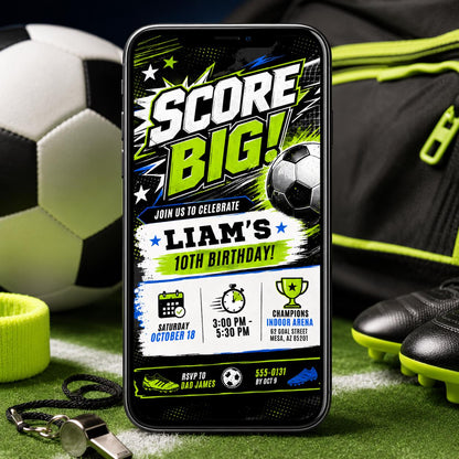Soccer Birthday Invitation: Score Big Soccer Birthday. Let's Kick it Soccer — birthday party stationery by VoltBy