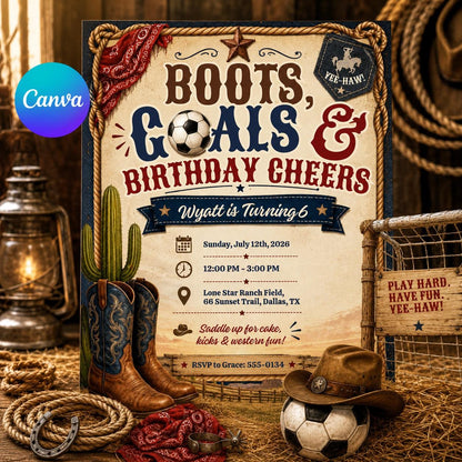 Soccer Boots Goals And Cheers 6th Birthday Invitation for Boys — editable Canva template