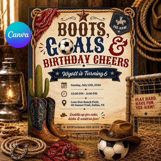 Soccer Boots Goals And Cheers 6th Birthday Invitation for Boys — editable Canva template