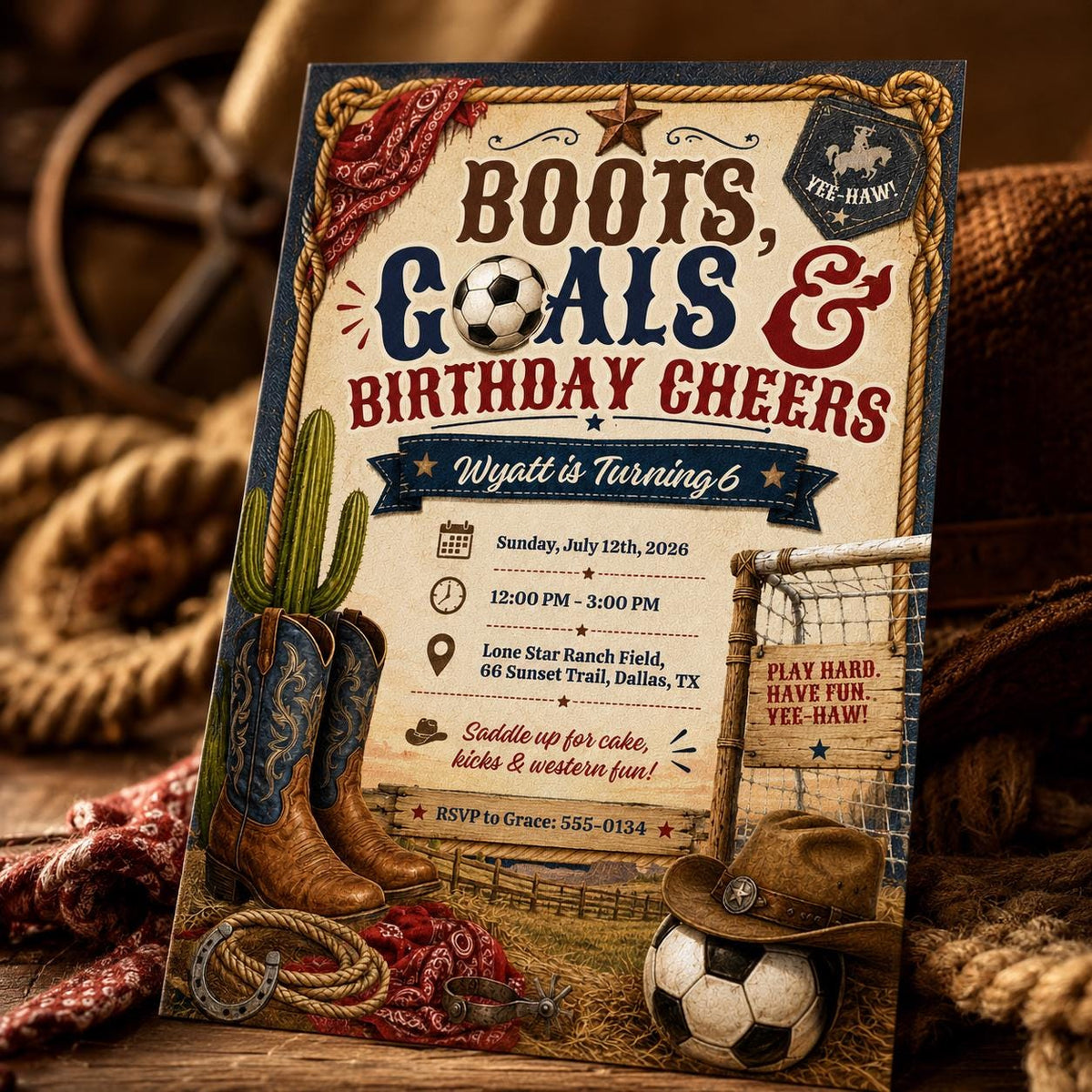 Soccer Boots Goals And Cheers 6th Birthday Invitation for Boys — cowboy design