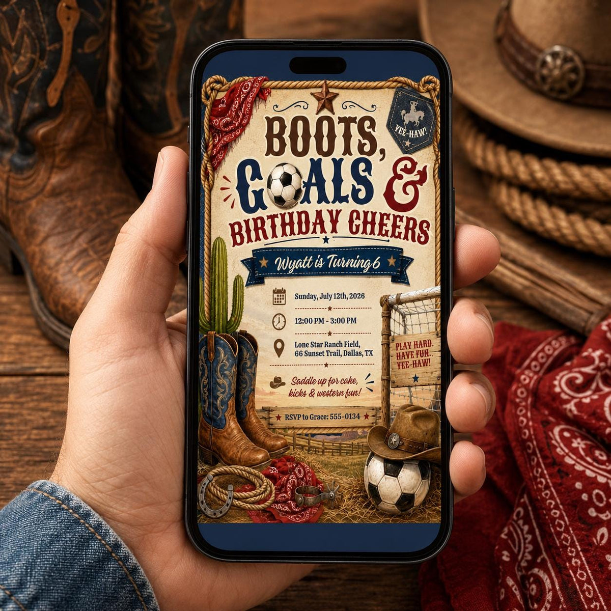 Soccer Boots Goals And Cheers 6th Birthday Invitation for Boys — print-ready 6th birthday party design from VoltBy
