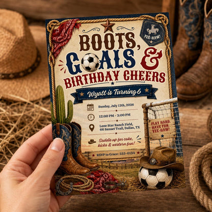 Soccer Boots Goals And Cheers 6th Birthday Invitation for Boys — digital invitation, instant download