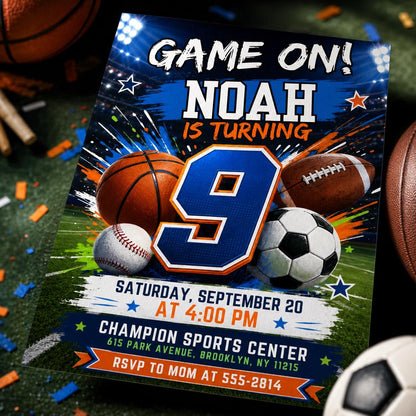Soccer Game On 9th Birthday Invitation for Boys — print-ready 9th birthday party design from VoltBy