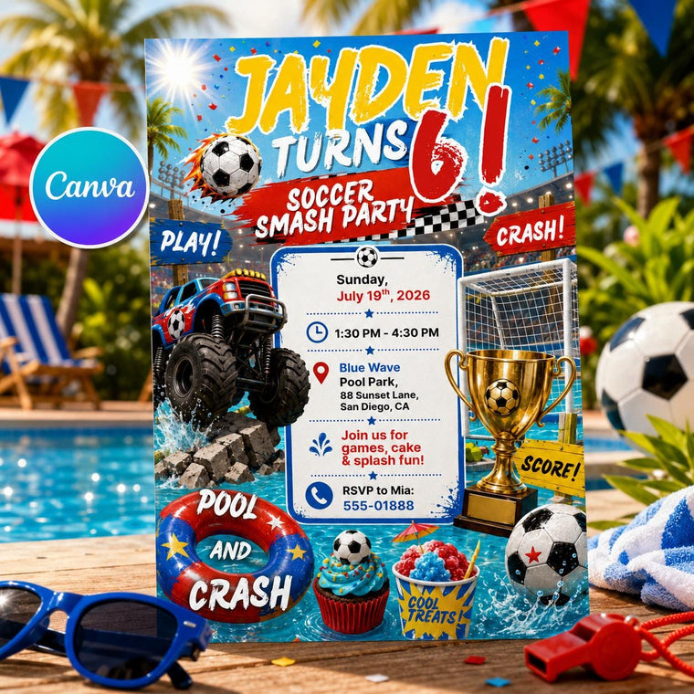 Soccer Monster Truck 6th Birthday Invitation for Boys