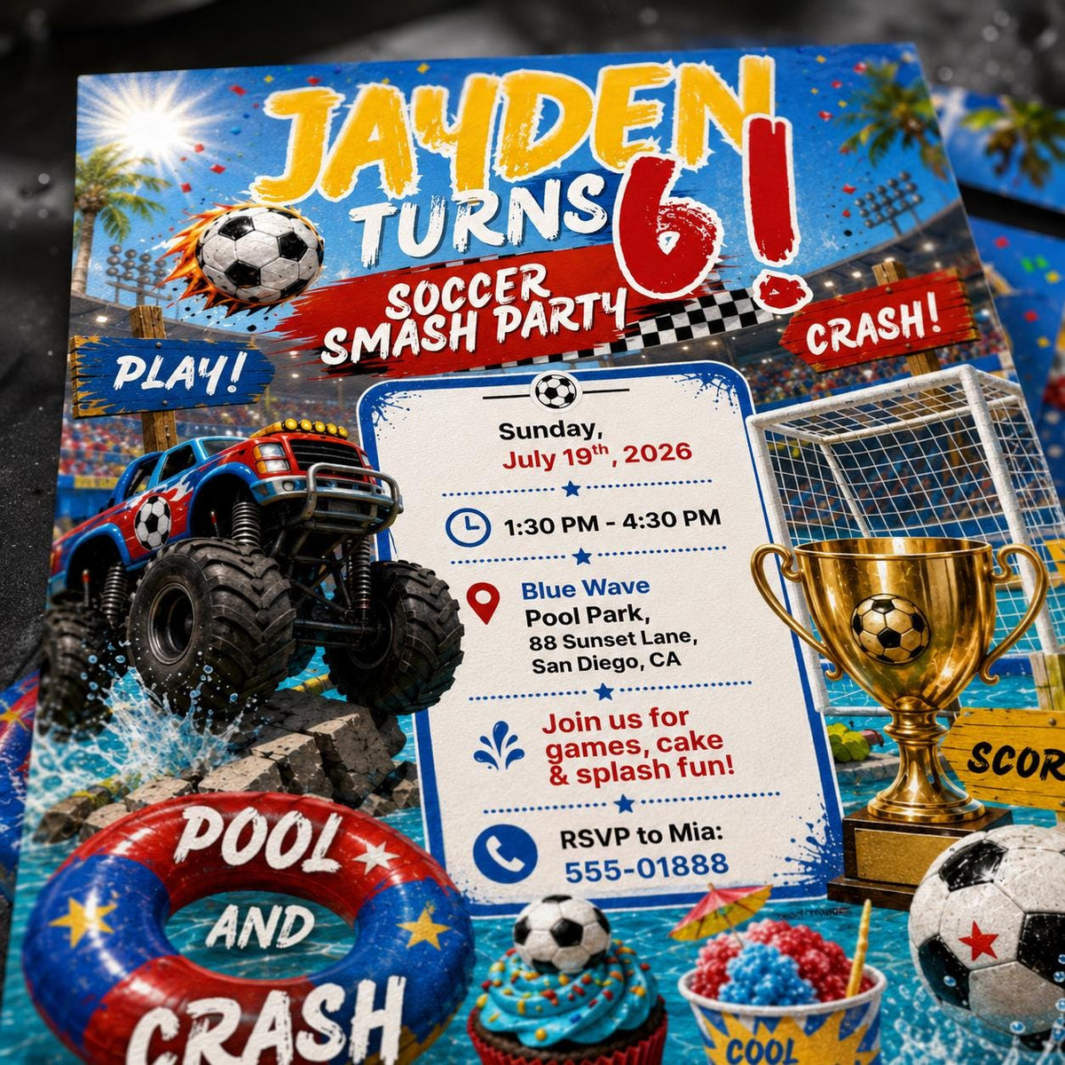 Soccer Monster Truck 6th Birthday Invitation for Boys — pool design