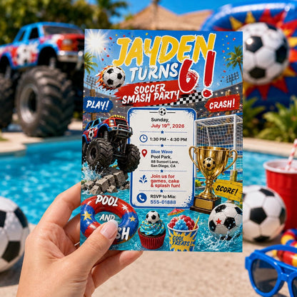 Soccer Monster Truck 6th Birthday Invitation for Boys — invitation you personalize in Canva