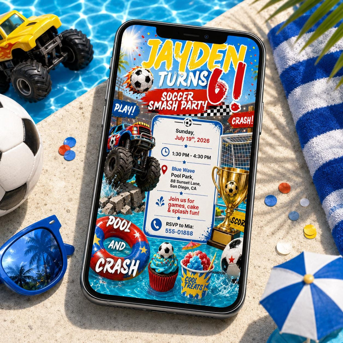 Soccer Monster Truck 6th Birthday Invitation for Boys — print-ready 6th birthday party design from VoltBy