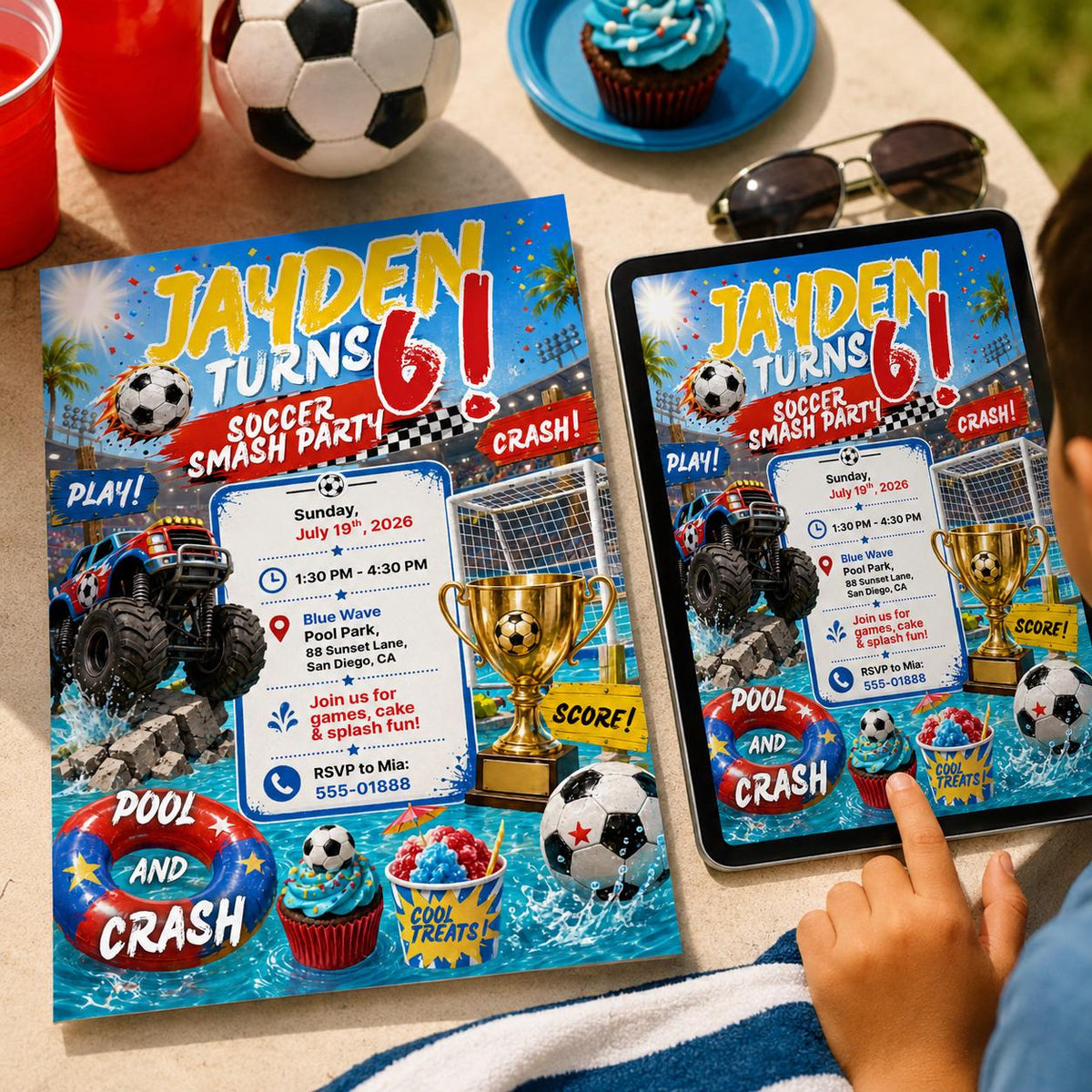 Soccer Monster Truck 6th Birthday Invitation for Boys — digital invitation, instant download