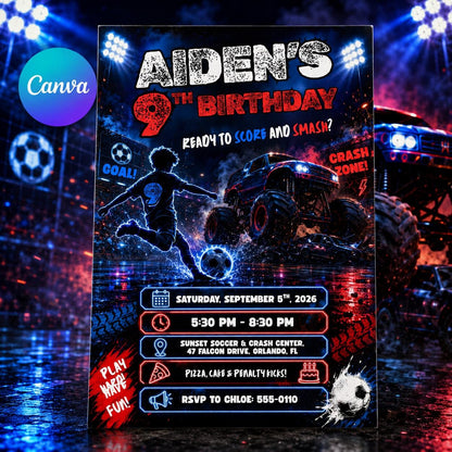 Soccer Monster Truck 9th Birthday Invitation — editable Canva template