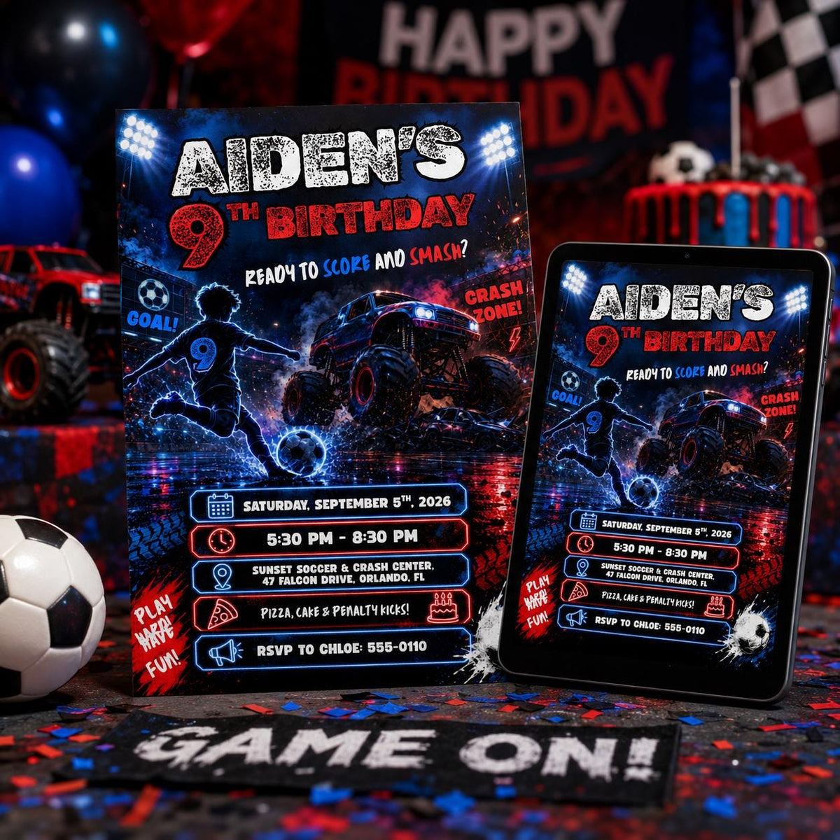 Soccer Monster Truck 9th Birthday Invitation — invitation you personalize in Canva