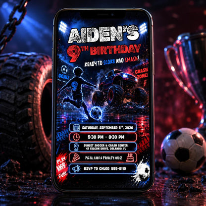 Soccer Monster Truck 9th Birthday Invitation — print-ready 9th birthday party design from VoltBy