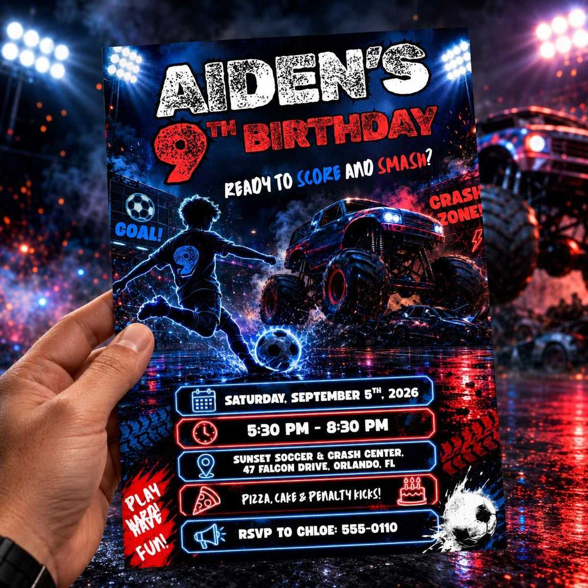 Soccer Monster Truck 9th Birthday Invitation — digital invitation, instant download