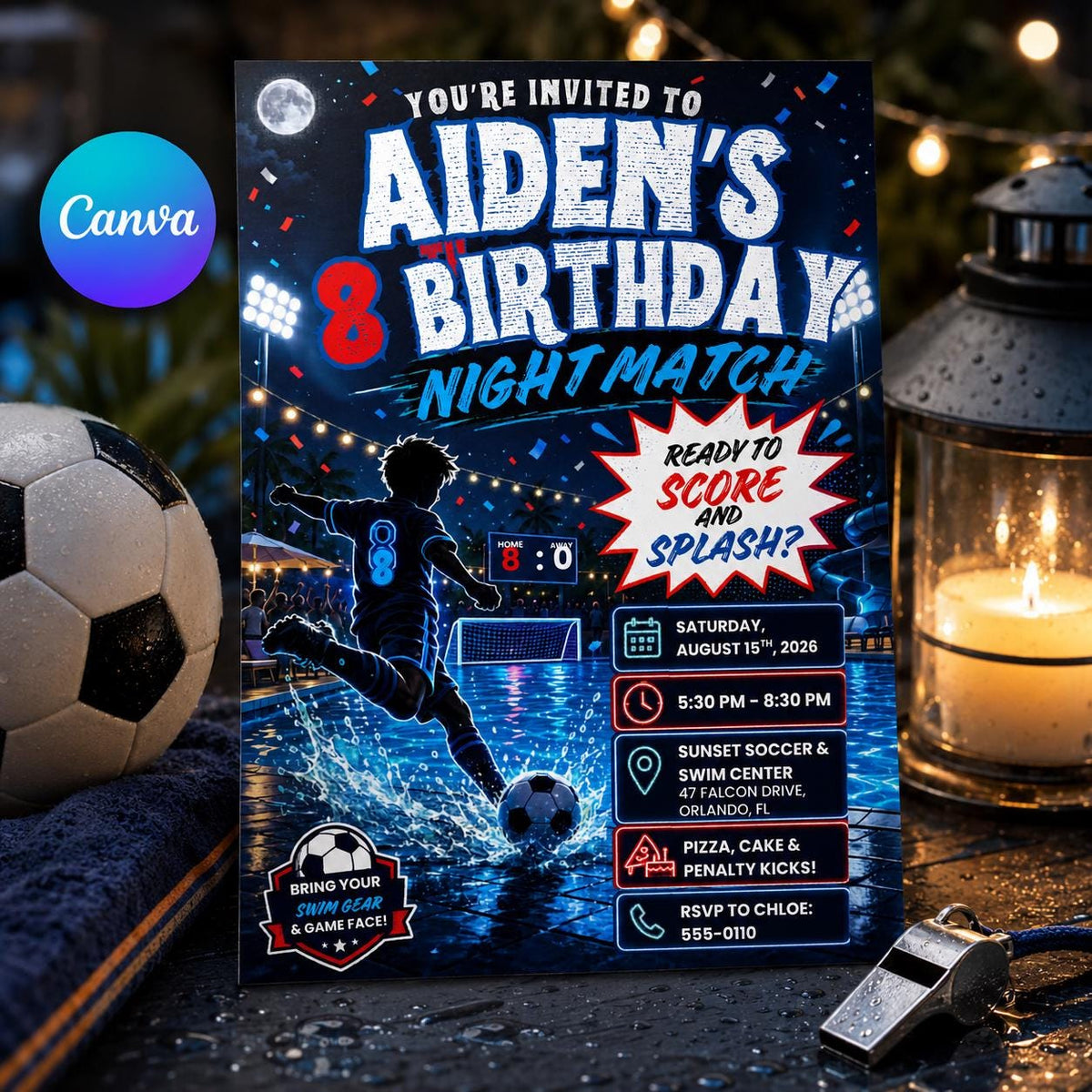 Soccer Night Match 8th Birthday Invitation for Boys — editable Canva template