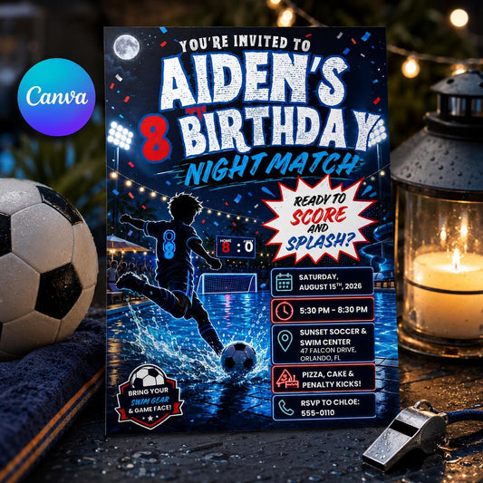 Soccer Night Match 8th Birthday Invitation for Boys — editable Canva template
