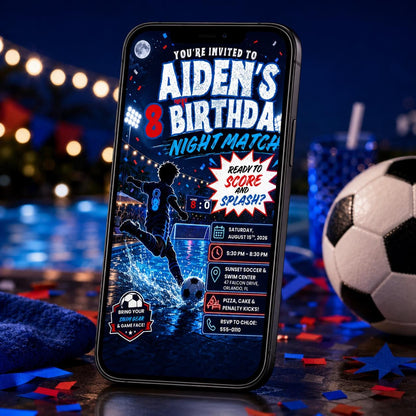 Soccer Night Match 8th Birthday Invitation for Boys — pool design