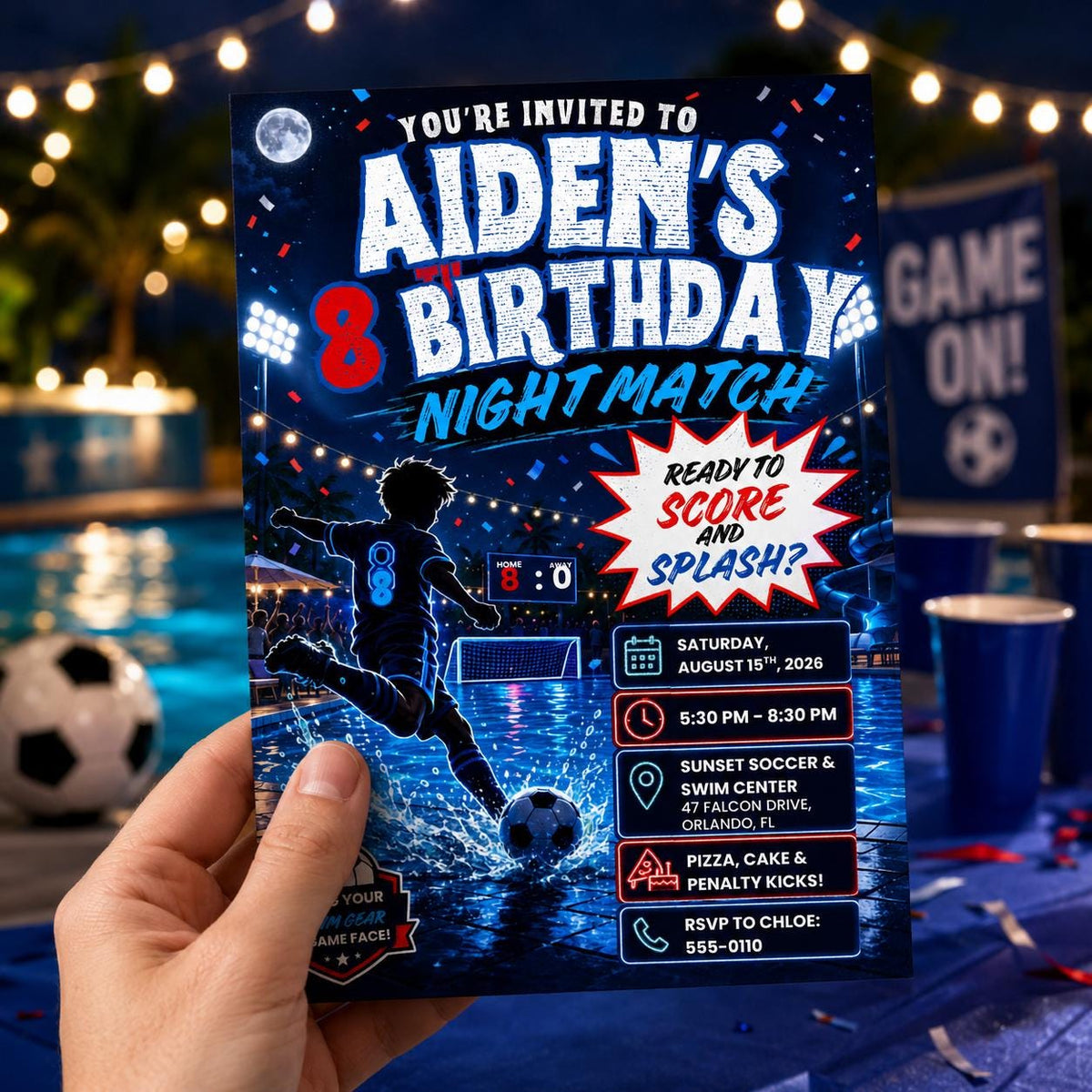 Soccer Night Match 8th Birthday Invitation for Boys — invitation you personalize in Canva