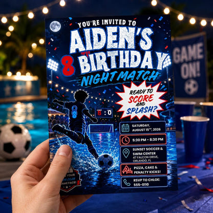 Soccer Night Match 8th Birthday Invitation for Boys — invitation you personalize in Canva
