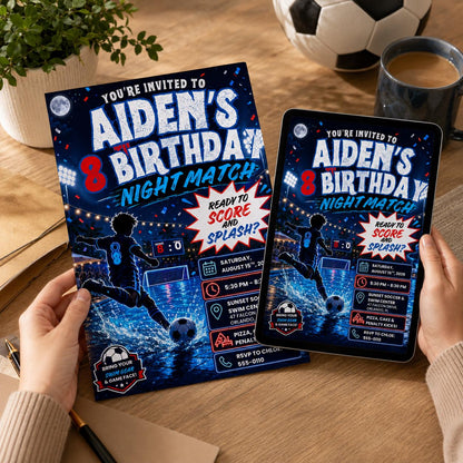 Soccer Night Match 8th Birthday Invitation for Boys — print-ready 8th birthday party design from VoltBy