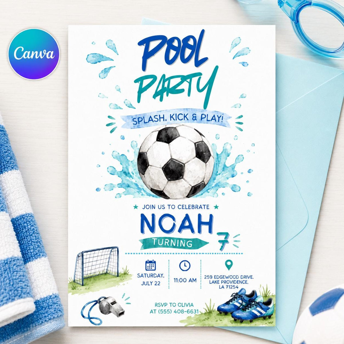 Soccer Pool Party Invitation for Boys — editable Canva template