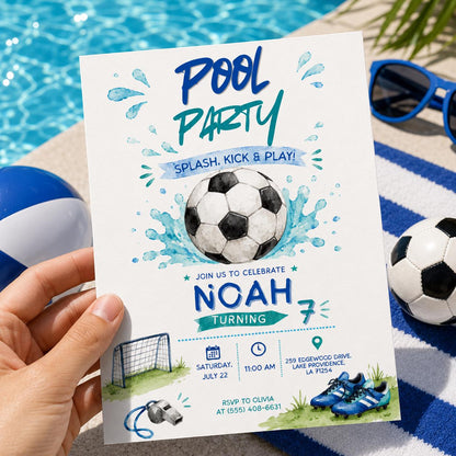 Soccer Pool Party Invitation for Boys — invitation you personalize in Canva