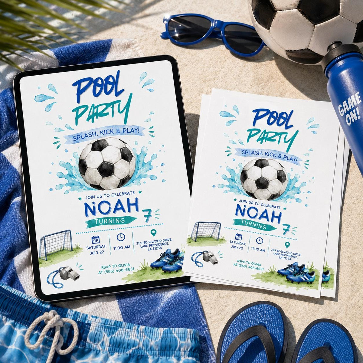 Soccer Pool Party Invitation for Boys — print-ready birthday party design from VoltBy