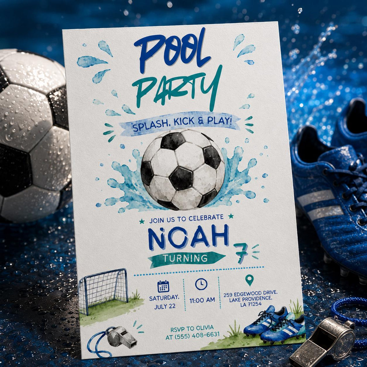 Soccer Pool Party Invitation for Boys — birthday party stationery by VoltBy