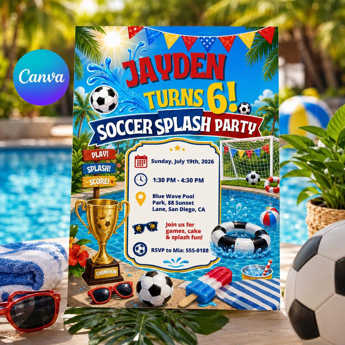 Soccer Splash 6th Birthday Invitation for Boys — editable Canva template