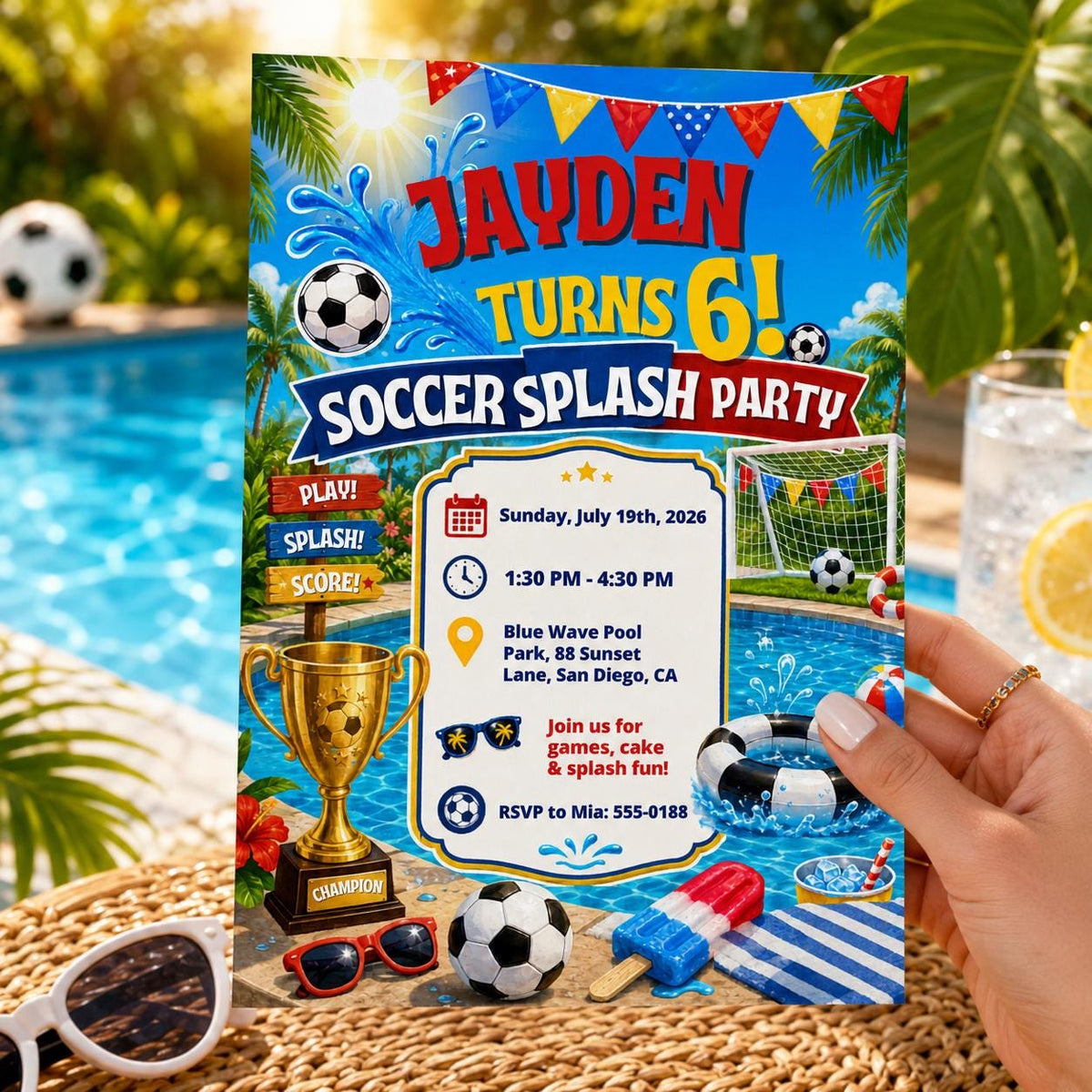 Soccer Splash 6th Birthday Invitation for Boys — pool design