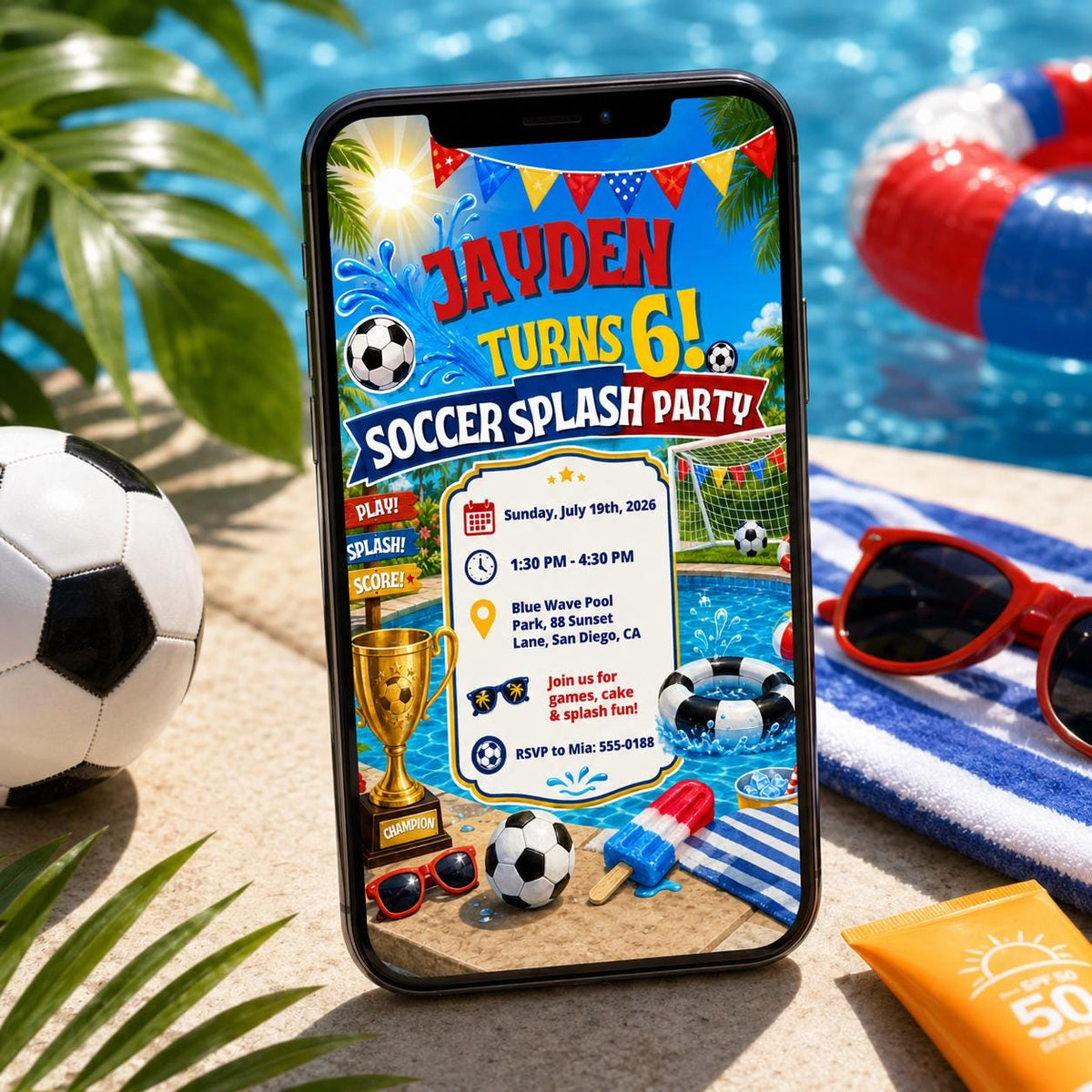 Soccer Splash 6th Birthday Invitation for Boys — invitation you personalize in Canva