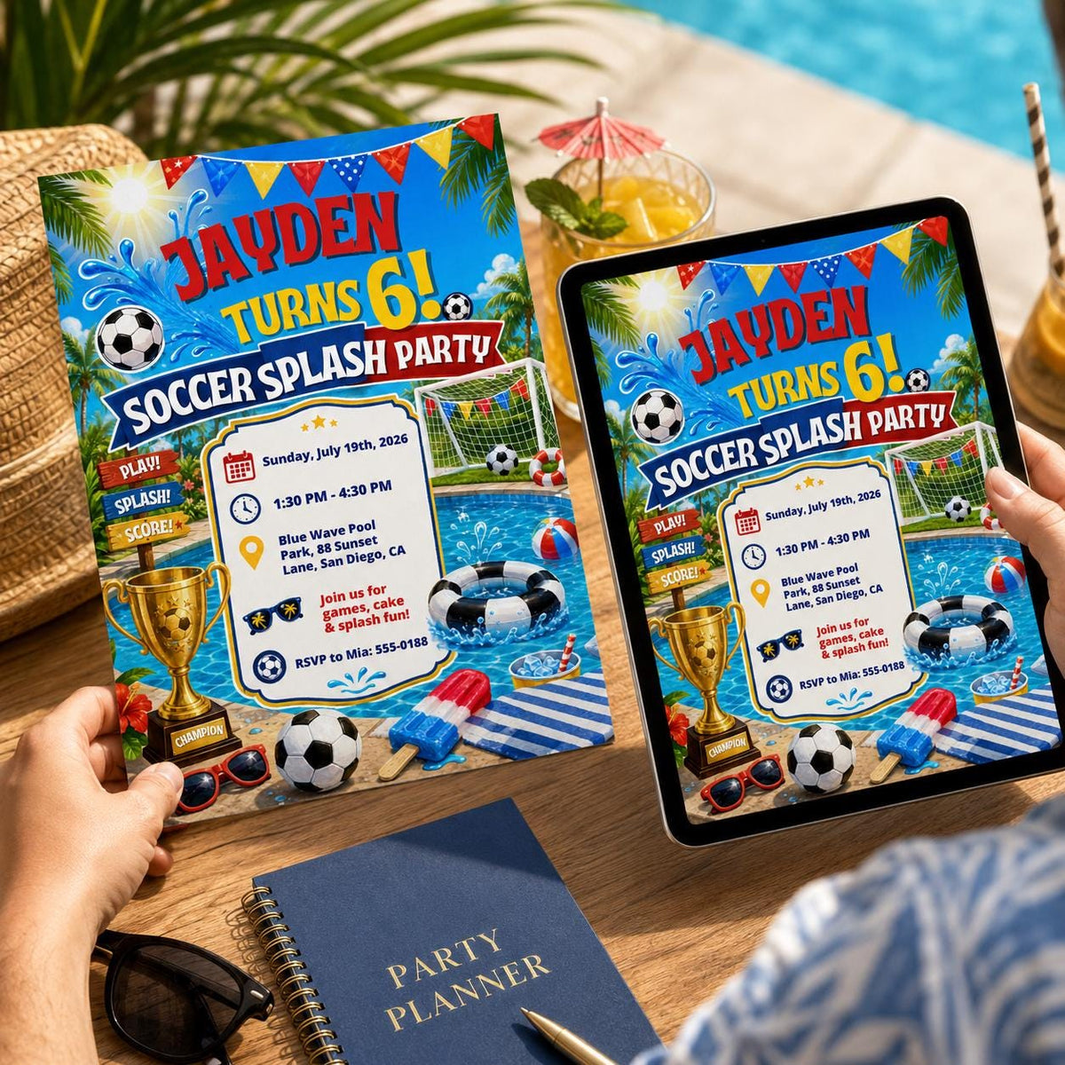 Soccer Splash 6th Birthday Invitation for Boys — print-ready 6th birthday party design from VoltBy